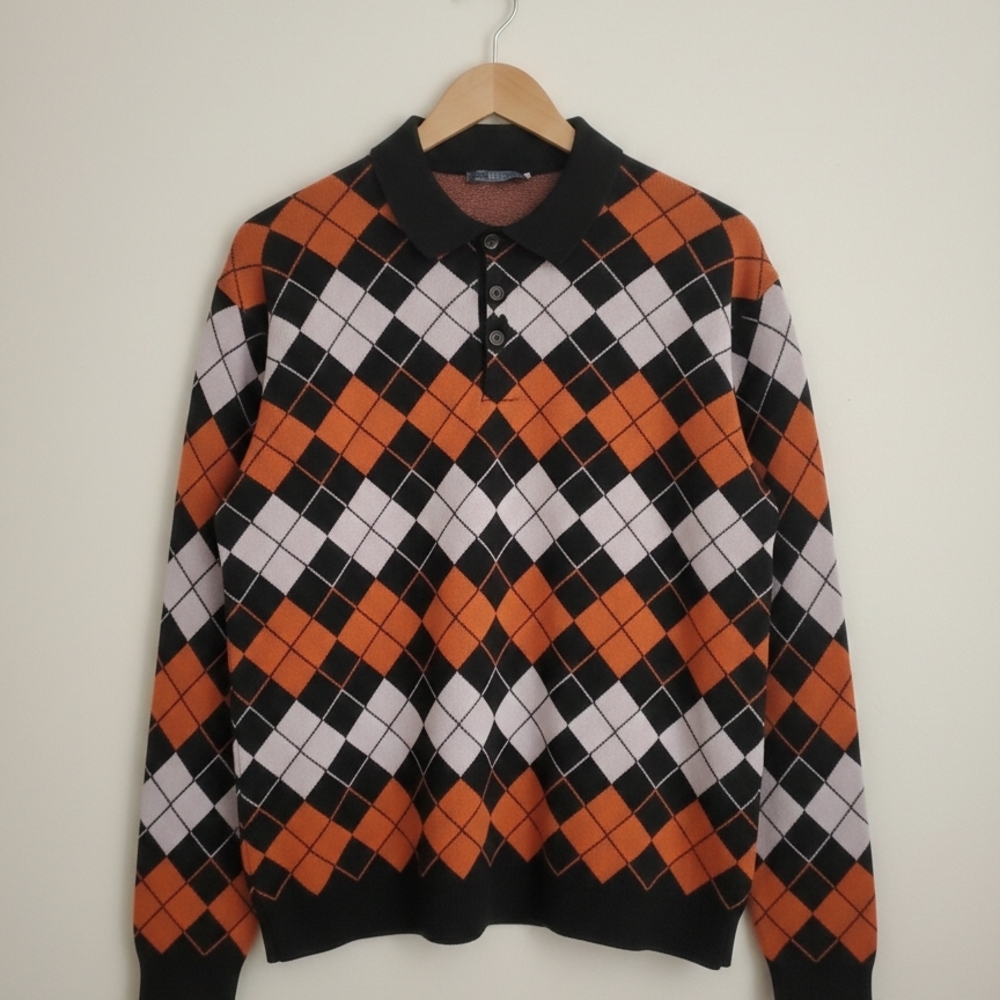 DJAB by Simons Men's Argyle Crewneck Sweater - Orange, Black, and White.